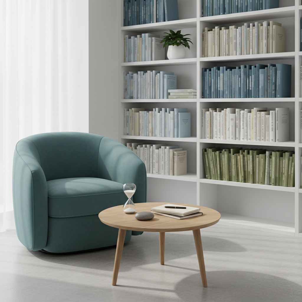 A minimalist consulting room corner designed for psychological reflection, featuring a single plush teal armchair facing a low round oak table that holds a small sand hourglass, a smooth river stone, and a neatly stacked set of blank notepads. Behind them, a tall white bookcase displays neatly arranged psychology books with muted, professional spines and a single small potted plant. Soft, diffused daylight enters from the left, creating a serene balance of light and shadow without harsh contrasts. Photographic realism with a slightly elevated, wide-angle composition, sharp focus throughout, and a calm, orderly atmosphere that communicates safety, professionalism, and thoughtful guidance.