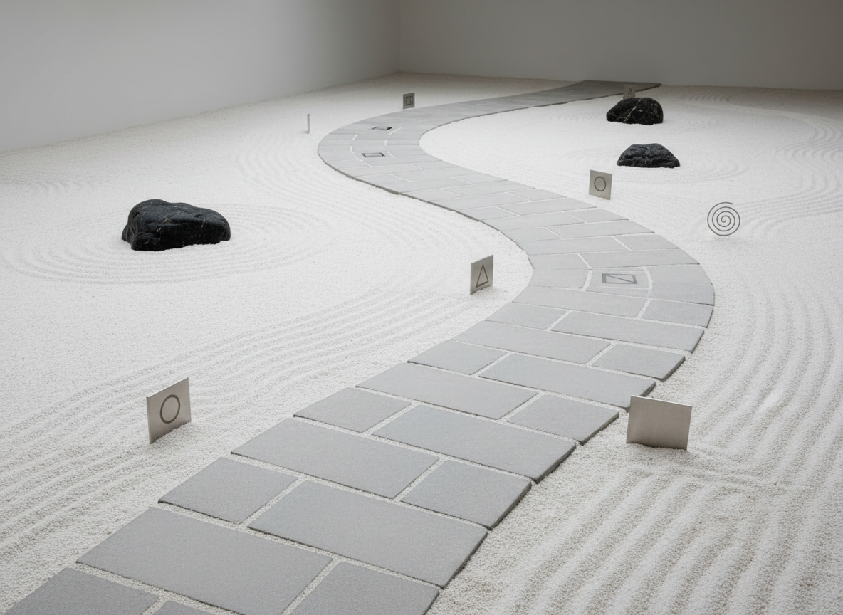 A symbolic, photographic representation of personal growth in psychology: a winding stone path made of smooth, light-gray pavers leading through a minimalist indoor garden of raked white sand and a few carefully placed dark river rocks. Along the path, small, subtle markers with simple geometric icons suggest different stages of progress. Indirect skylight above bathes the scene in soft, even illumination, eliminating harsh shadows and creating a tranquil, contemplative feel. Captured from a slightly elevated, three-quarter angle, with the path drawing the eye into the distance. The style is clean, modern, and highly realistic, evoking the idea of finding one’s way with calm guidance and structure.